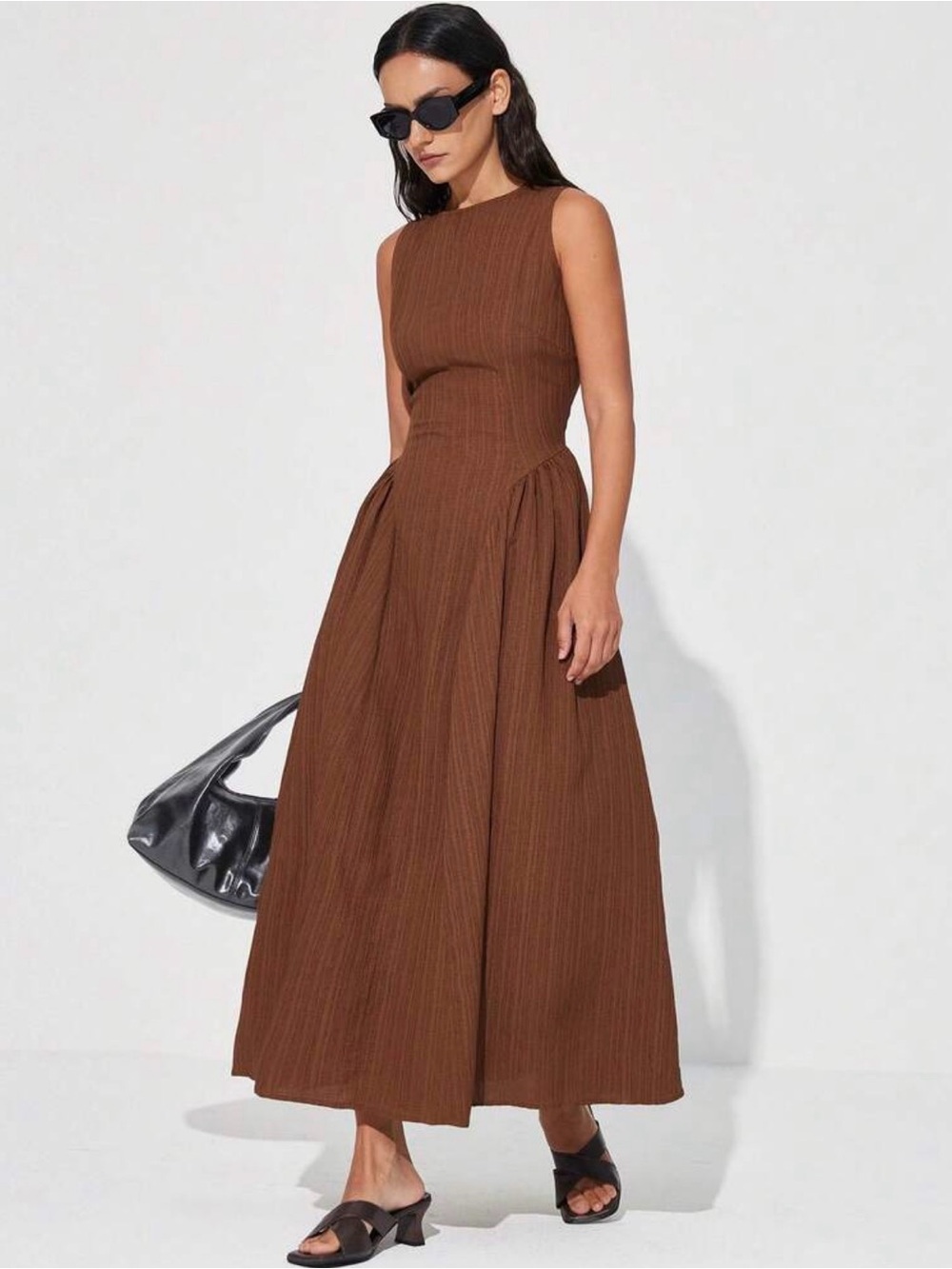 Sleeveless Brown basque waist Dress - Elegant A-Line Women's Dress